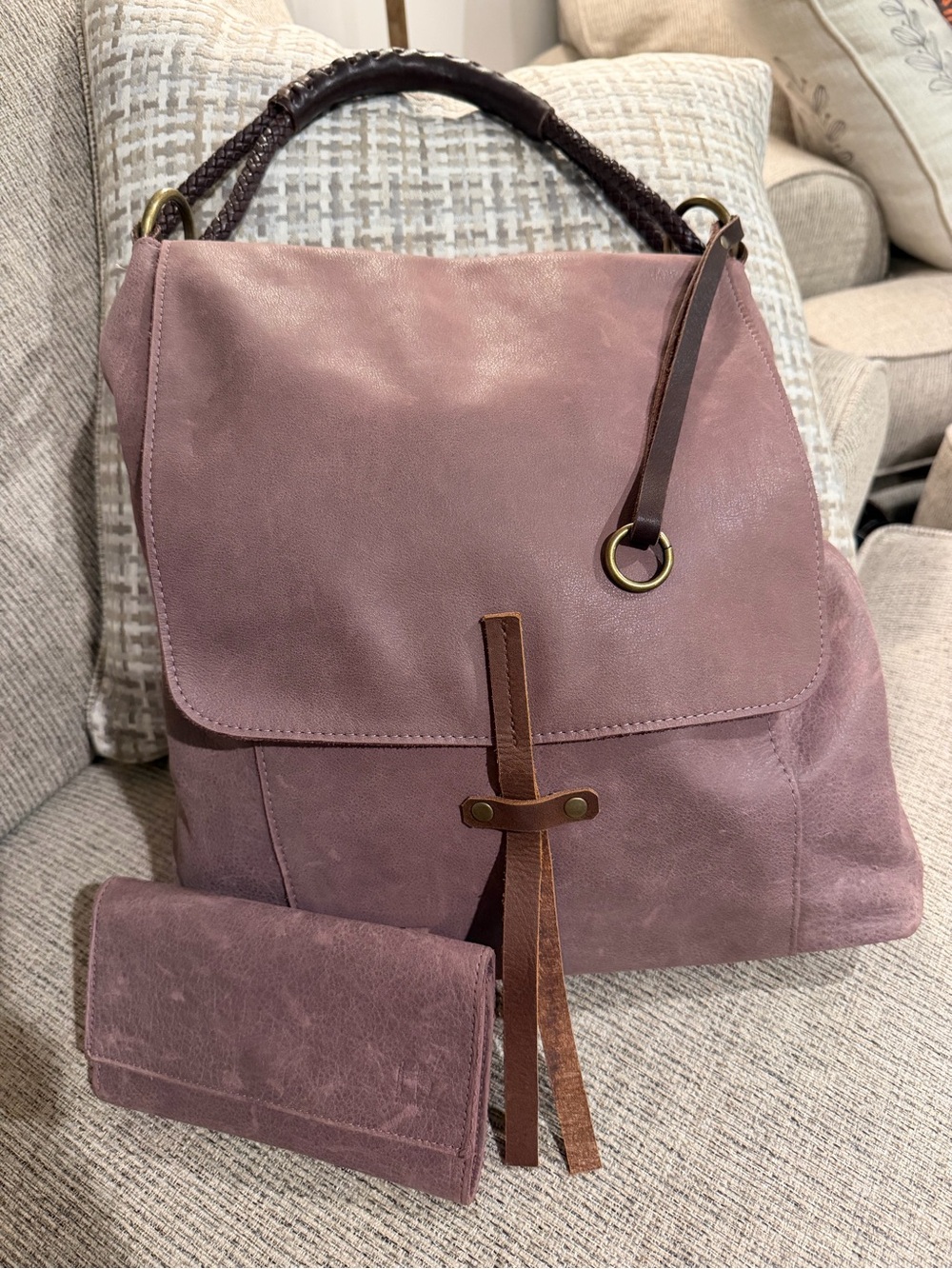 Henri Lou Leather Shoulder Bag & Matching Wallet Set Dusty Mauve EUC